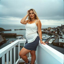 A 40-year-old curvy, chubby blonde woman posing seductively on a balcony overlooking the harbour at St Ives