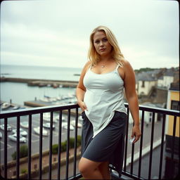 A 40-year-old curvy, chubby blonde woman posing seductively on a balcony overlooking the harbour at St Ives