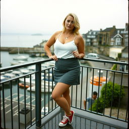 A 40-year-old curvy, chubby blonde woman posing seductively on a balcony overlooking the harbour at St Ives