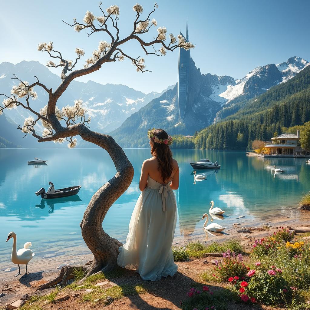 A super realistic scene featuring a woman on the shore of a lake wearing a dress