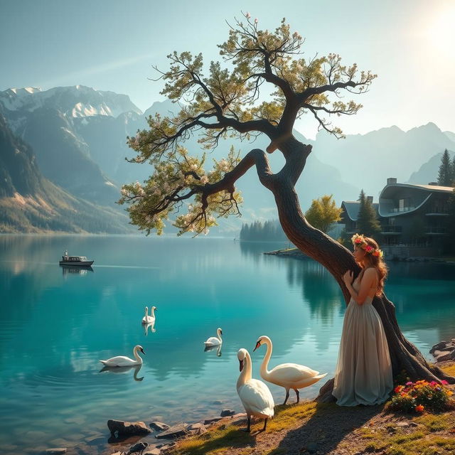 A super realistic scene featuring a woman on the shore of a lake wearing a dress