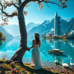 A super realistic scene featuring a woman on the shore of a lake wearing a dress