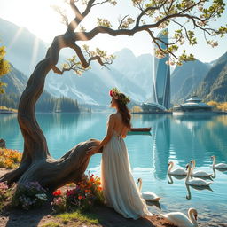 A super realistic scene featuring a woman on the shore of a lake wearing a dress