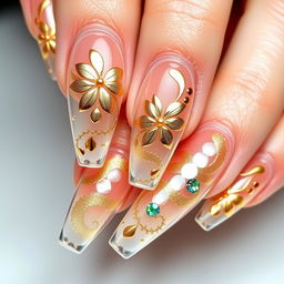 A sophisticated manicure on one hand that features crystal-clear, transparent nails adorned with elegant gold petal designs