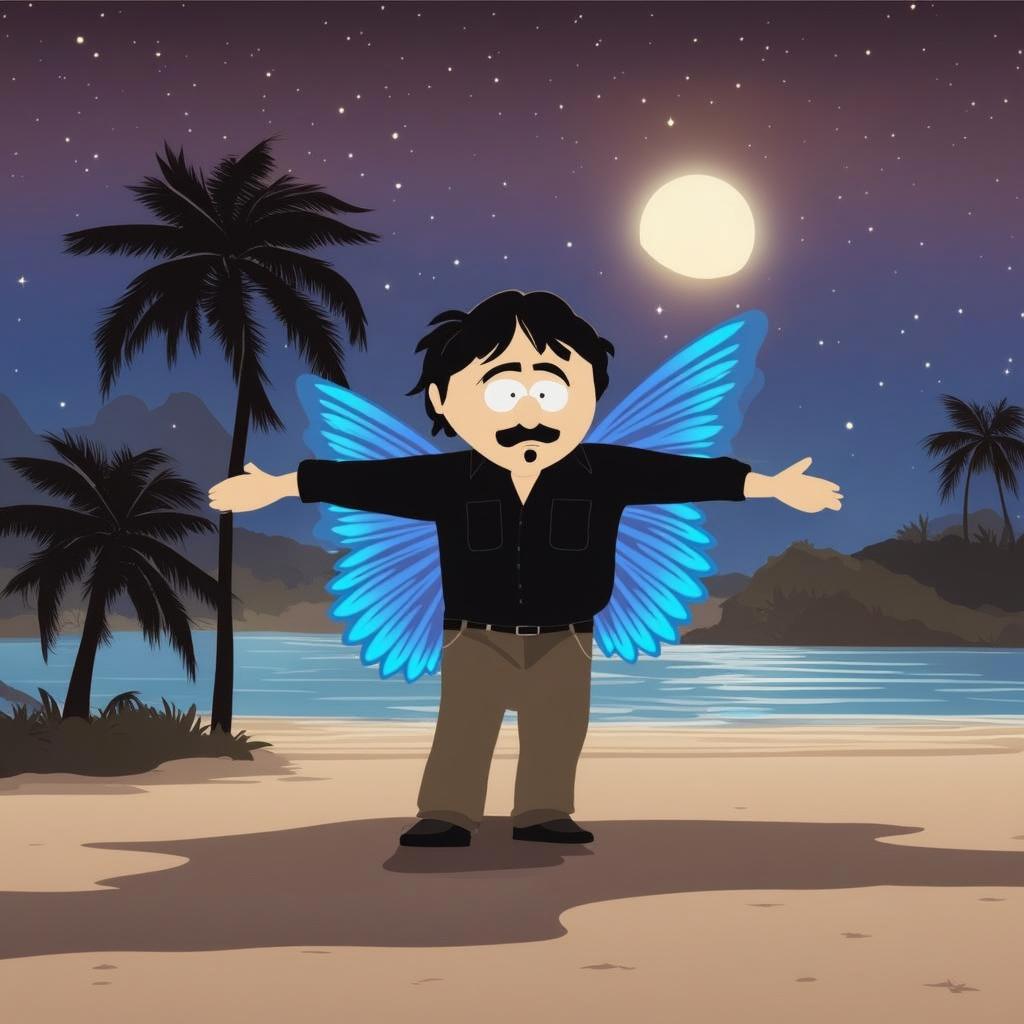 A cartoon character with butterfly wings standing on a tropical beach at night with a full moon in the background