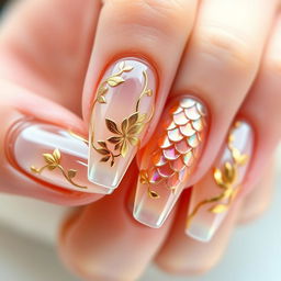 A sophisticated manicure on one hand that features crystal-clear, transparent nails adorned with elegant gold petal designs