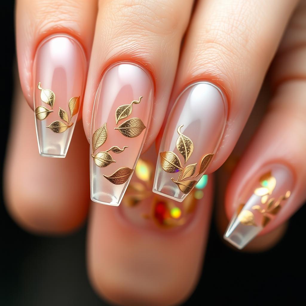 A sophisticated manicure on one hand that features crystal-clear, transparent nails adorned with elegant gold petal designs