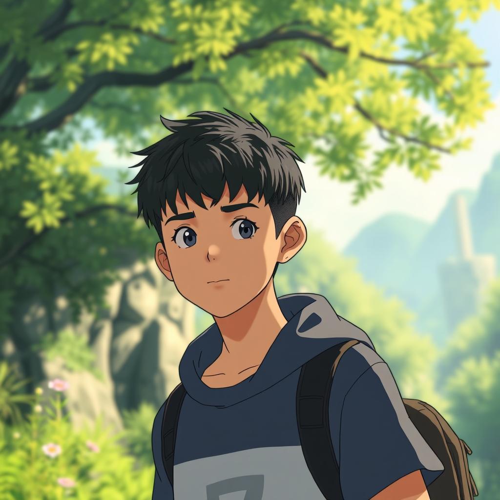 A teenage male character with very short textured black hair and a mid fade haircut, styled in a Studio Ghibli fashion