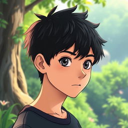 A teenage male character with very short textured black hair and a mid fade haircut, styled in a Studio Ghibli fashion