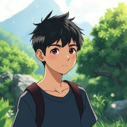 A teenage male character with very short textured black hair and a mid fade haircut, styled in a Studio Ghibli fashion