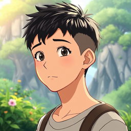 A teenage male character with very short textured black hair and a mid fade haircut, styled in a Studio Ghibli fashion