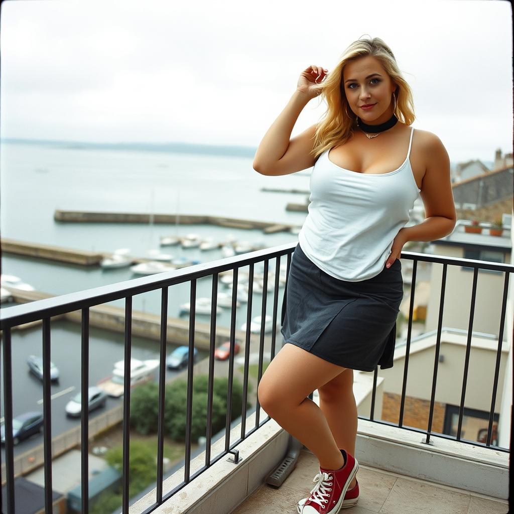 A 40-year-old curvy, chubby blonde woman posing seductively on a balcony overlooking the harbour at St Ives