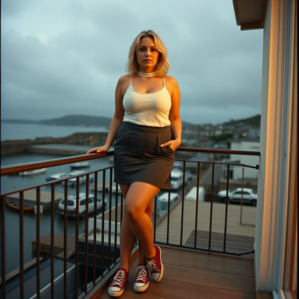 A 40-year-old curvy, chubby blonde woman posing seductively on a balcony overlooking the harbour at St Ives