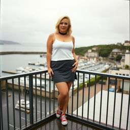 A 40-year-old curvy, chubby blonde woman posing seductively on a balcony overlooking the harbour at St Ives