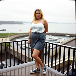 A 40-year-old curvy, chubby blonde woman posing seductively on a balcony overlooking the harbour at St Ives