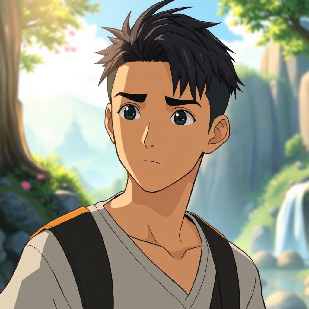 A male character with very short textured black hair and a mid fade haircut, styled in an iconic Studio Ghibli manner