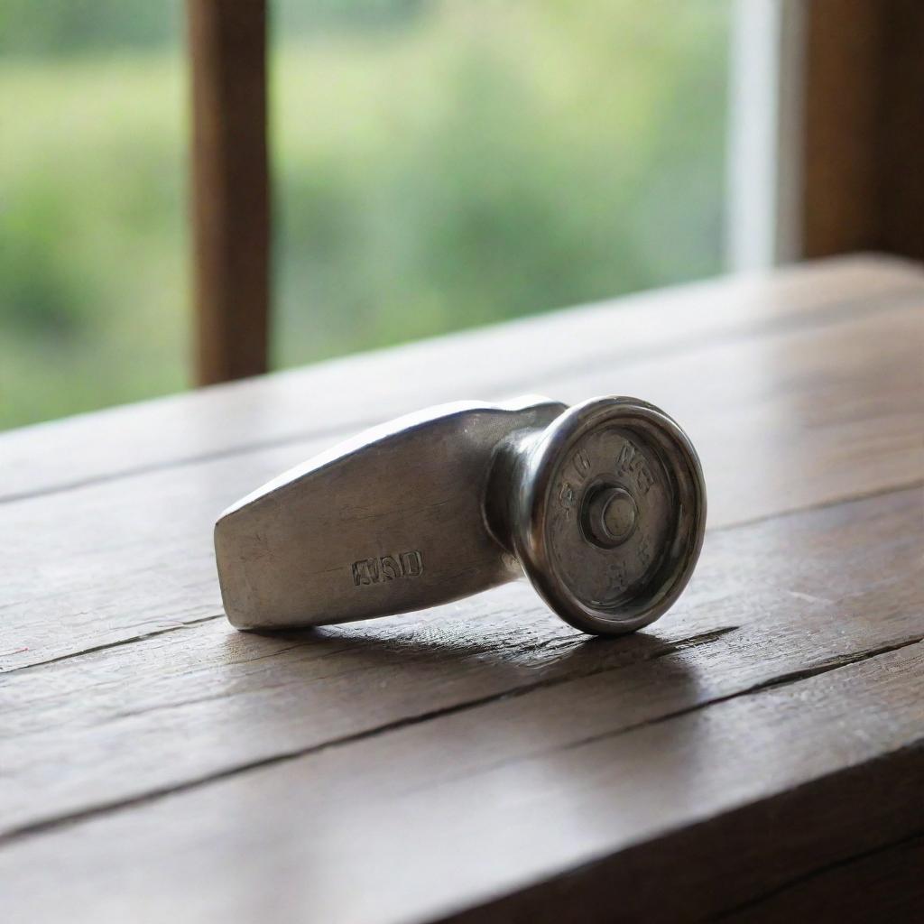 A shiny silver whistle resting on an old wooden table, illuminated by soft natural light seeping in from a window nearby.