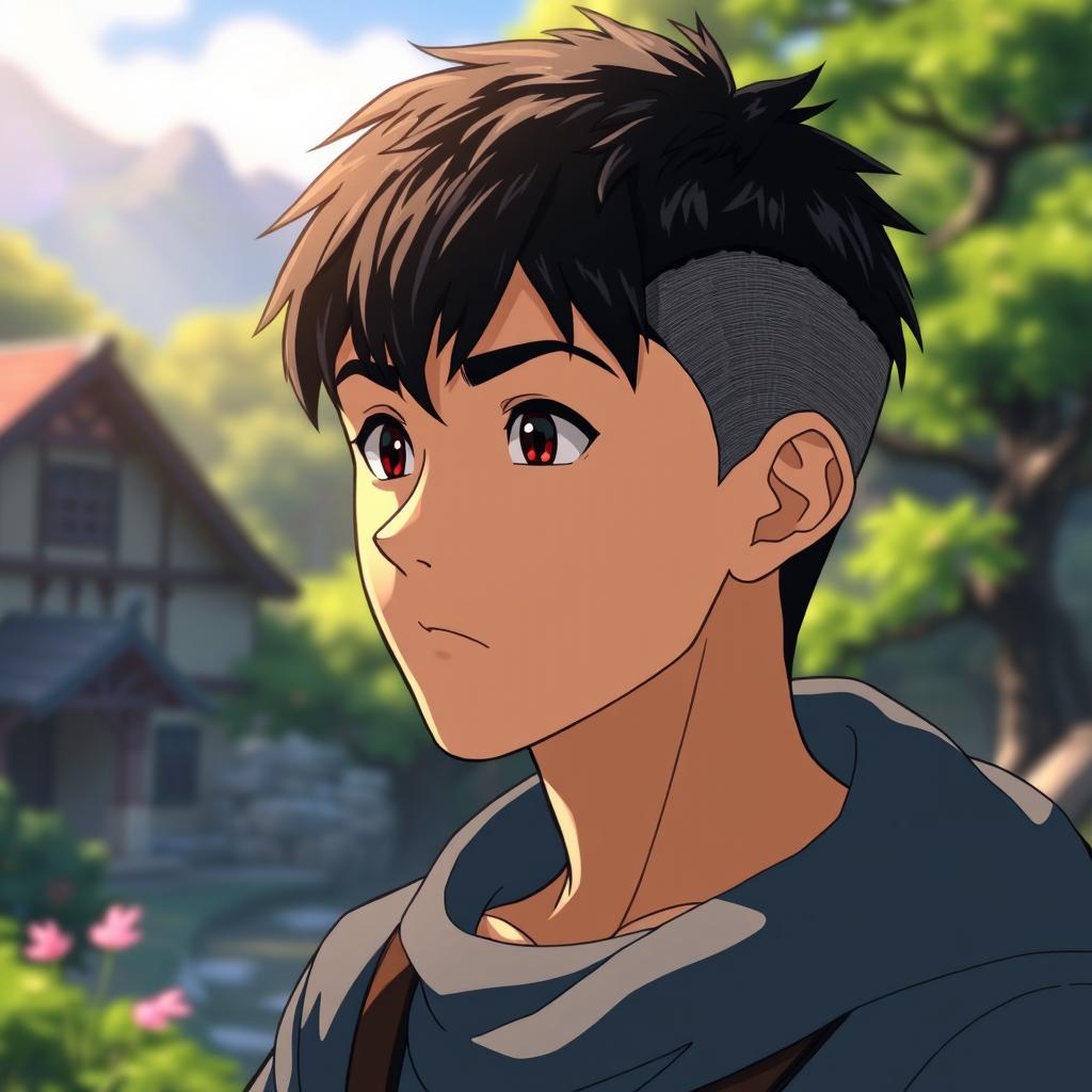 A male character with very short textured black hair and a mid fade haircut, styled in an iconic Studio Ghibli manner