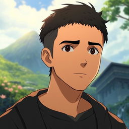 A male character with very short textured black hair and a mid fade haircut, styled in an iconic Studio Ghibli manner