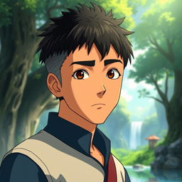 A male character with very short textured black hair and a mid fade haircut, styled in an iconic Studio Ghibli manner