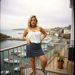 A 40-year-old curvy, chubby blonde woman posing seductively on a balcony overlooking the harbour at St Ives