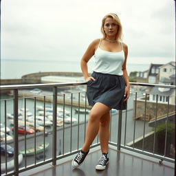 A 40-year-old curvy, chubby blonde woman posing seductively on a balcony overlooking the harbour at St Ives