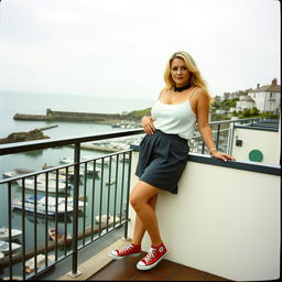 A 40-year-old curvy, chubby blonde woman posing seductively on a balcony overlooking the harbour at St Ives