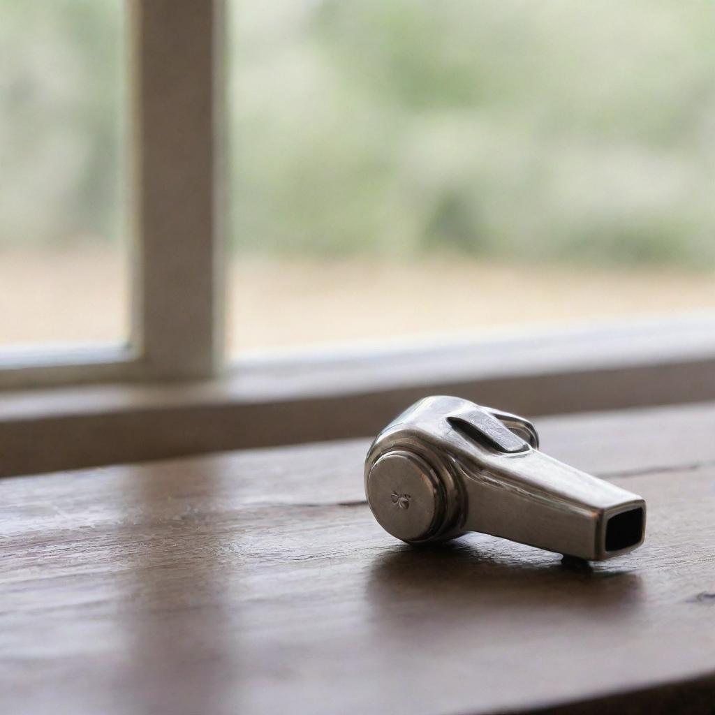 A shiny silver whistle resting on an old wooden table, illuminated by soft natural light seeping in from a window nearby.