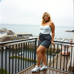 A 40-year-old curvy, chubby blonde woman posing seductively on a balcony overlooking the harbour at St Ives