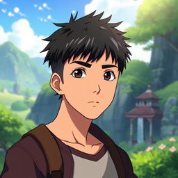 A male character with very short textured black hair and a mid fade haircut, styled in an iconic Studio Ghibli manner