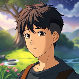 A male character with very short textured black hair and a mid fade haircut, styled in an iconic Studio Ghibli manner