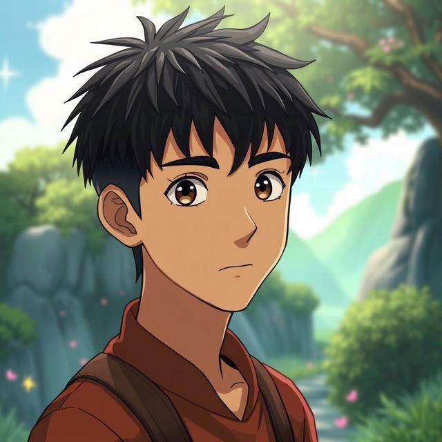 A male character with very short textured black hair and a mid fade haircut, styled in an iconic Studio Ghibli manner