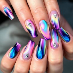 A mesmerizing manicure on long nails of one hand, showcasing an aurora radiance effect with vibrant, flowing colors reminiscent of the Northern Lights