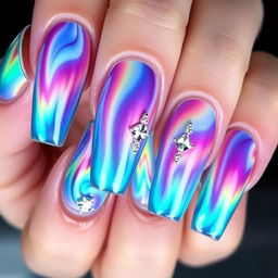 A mesmerizing manicure on long nails of one hand, showcasing an aurora radiance effect with vibrant, flowing colors reminiscent of the Northern Lights