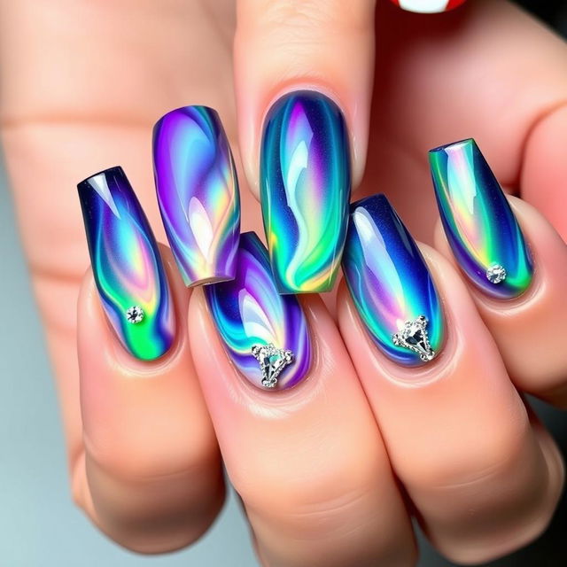 A mesmerizing manicure on long nails of one hand, showcasing an aurora radiance effect with vibrant, flowing colors reminiscent of the Northern Lights