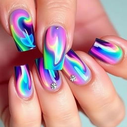 A mesmerizing manicure on long nails of one hand, showcasing an aurora radiance effect with vibrant, flowing colors reminiscent of the Northern Lights