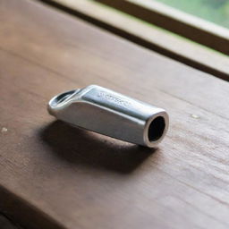 A shiny silver whistle resting on an old wooden table, illuminated by soft natural light seeping in from a window nearby.