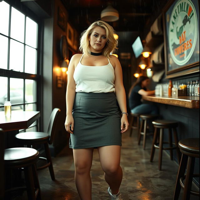 A 40-year-old curvy, chubby blonde woman posing seductively in a lively bar in St Ives