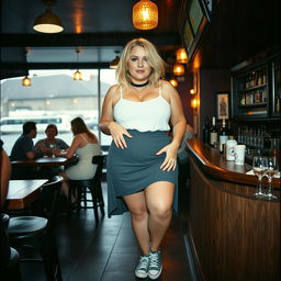 A 40-year-old curvy, chubby blonde woman posing seductively in a lively bar in St Ives