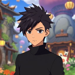 A male character with very short textured black hair, styled with a fade on the side, wearing a sleek black outfit