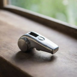 A shiny silver whistle resting on an old wooden table, illuminated by soft natural light seeping in from a window nearby.