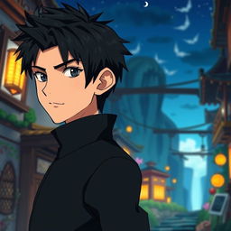 A male character with very short textured black hair, styled with a fade on the side, wearing a sleek black outfit