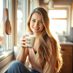 A charming young woman with long, flowing hair, seated gracefully by a sunny window while sipping a glass of fresh milk