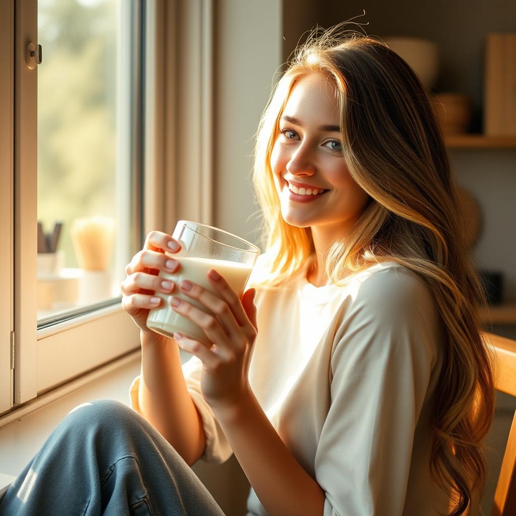 A charming young woman with long, flowing hair, seated gracefully by a sunny window while sipping a glass of fresh milk