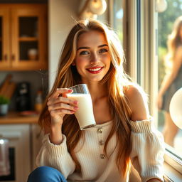 A charming young woman with long, flowing hair, seated gracefully by a sunny window while sipping a glass of fresh milk