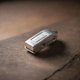 A shiny silver whistle resting on the surface of an old, antique wooden table, subtly lit by ambient room light.