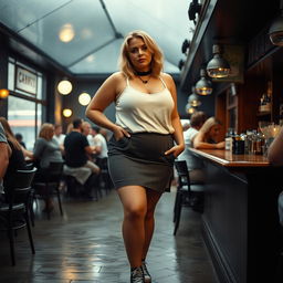 A 40-year-old curvy, chubby blonde woman posing seductively in a busy, realistic bar in St Ives