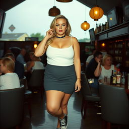 A 40-year-old curvy, chubby blonde woman posing seductively in a busy, realistic bar in St Ives