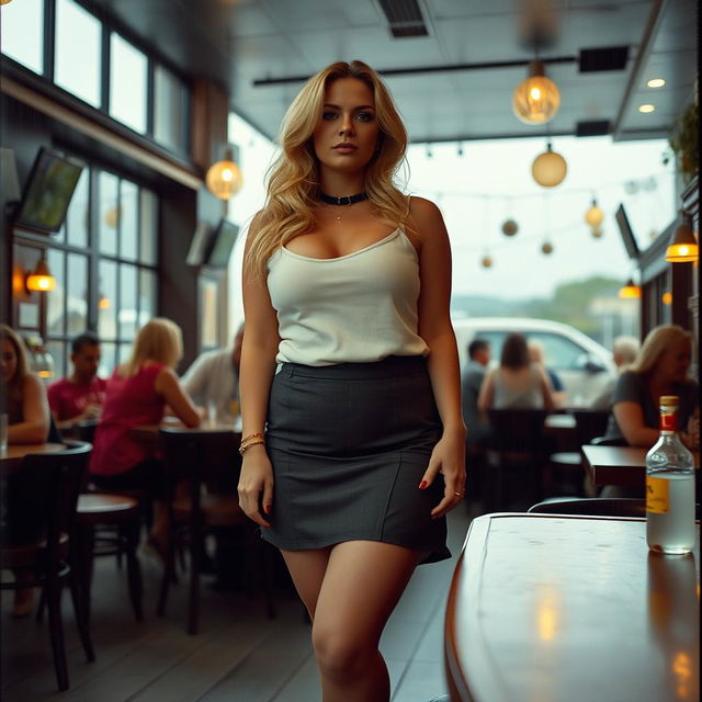 A 40-year-old curvy, chubby blonde woman posing seductively in a busy, realistic bar in St Ives