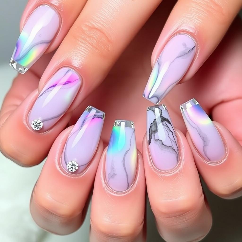 A stunning manicure on long nails for all five fingers, featuring an aurora radiance design with flowing colors reminiscent of the Northern Lights